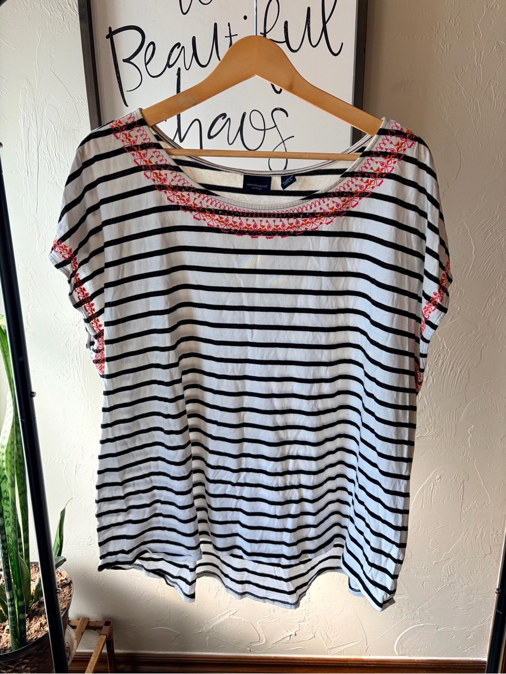 Westbound White Black Striped Scoop Neck Top with Pink Embroidery 2X